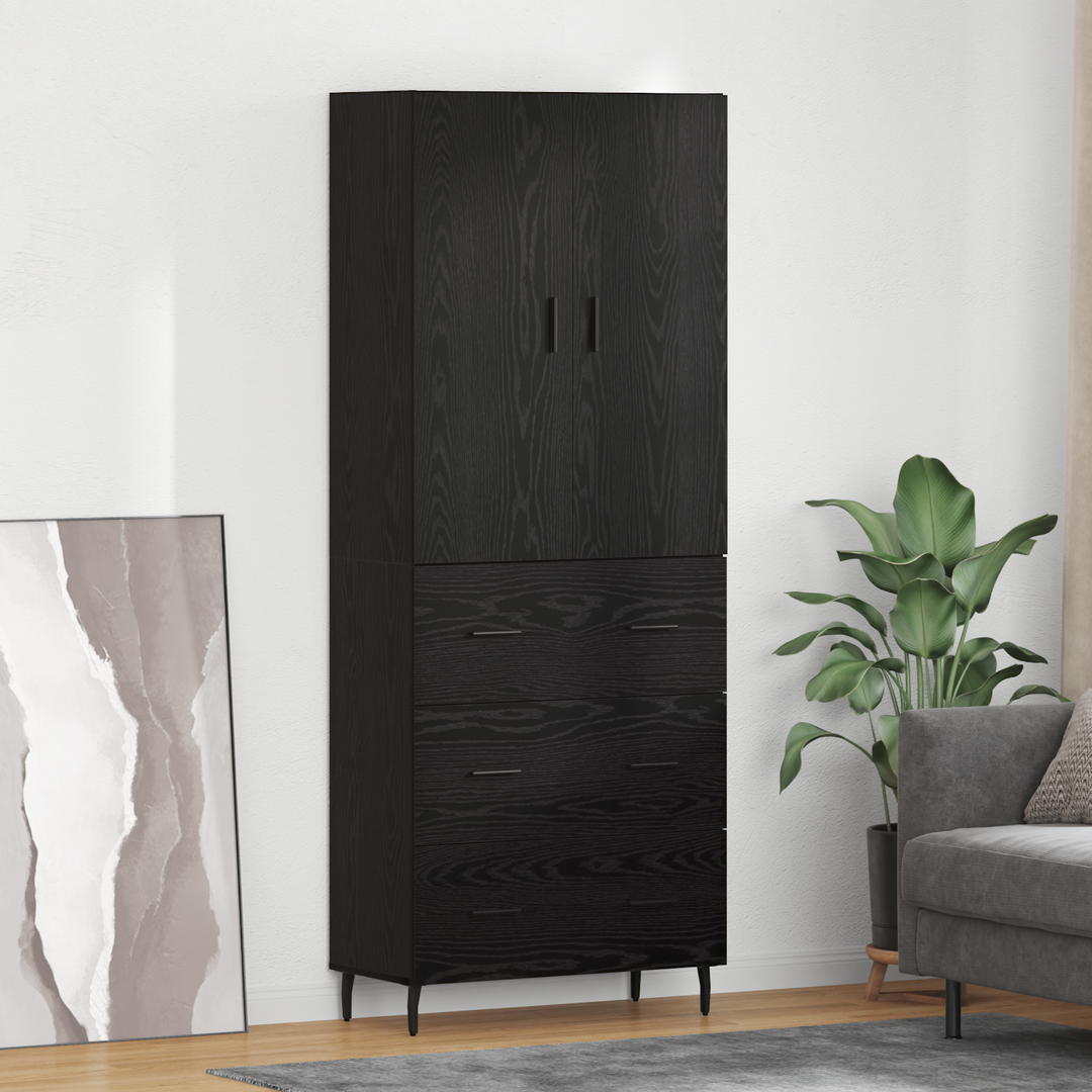 Highboard med skuffe 2 pcs Sort eg Ingeniørtræ og glas