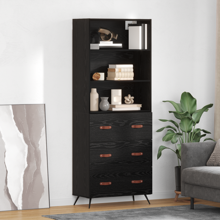 Highboard med skuffe Sort eg 69,5 x 34 x 180 cm Konstrueret træ