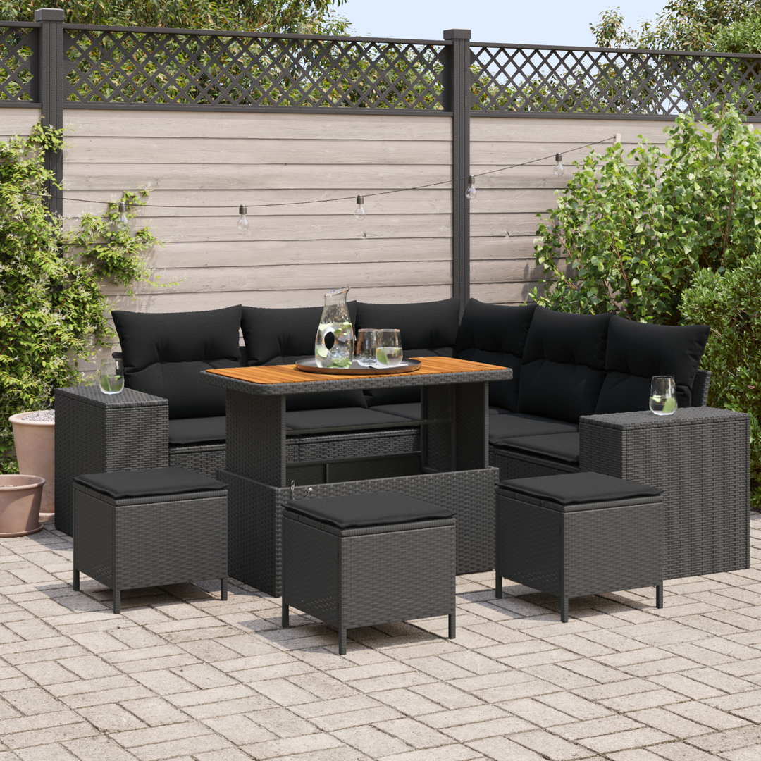 Havesofa Sæt med pude med opbevaring 9 pcs Sort polyrattan