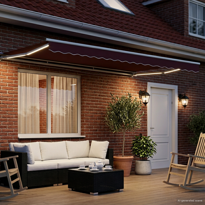 Manuel markise-ramme med LED-lys Bordeaux og Hvid 4 × 3 m