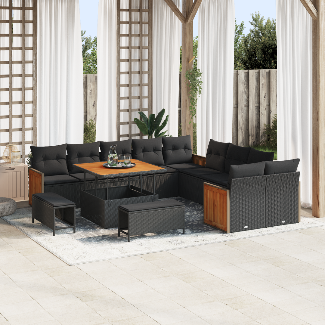 Havesofa Sæt 13 pcs Sort Poly Rattan og pulverlakeret stål