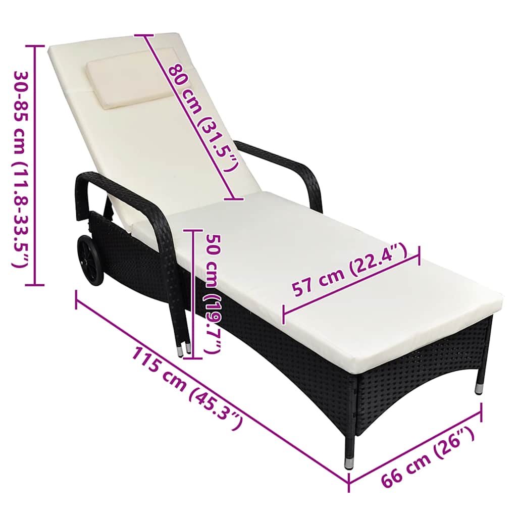 liggestol med hynde & hjul polyrattan sort