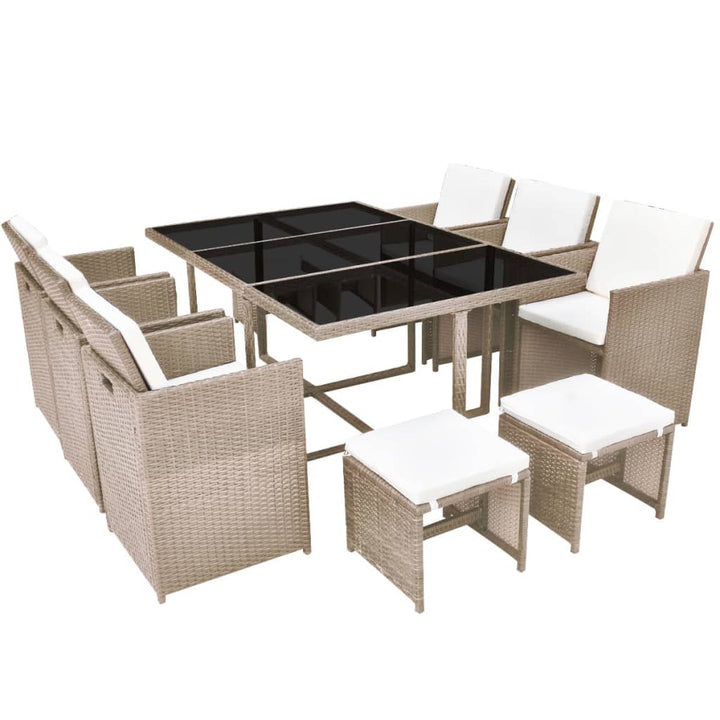udendørs spisebordssæt 11 dele med hynder polyrattan beige