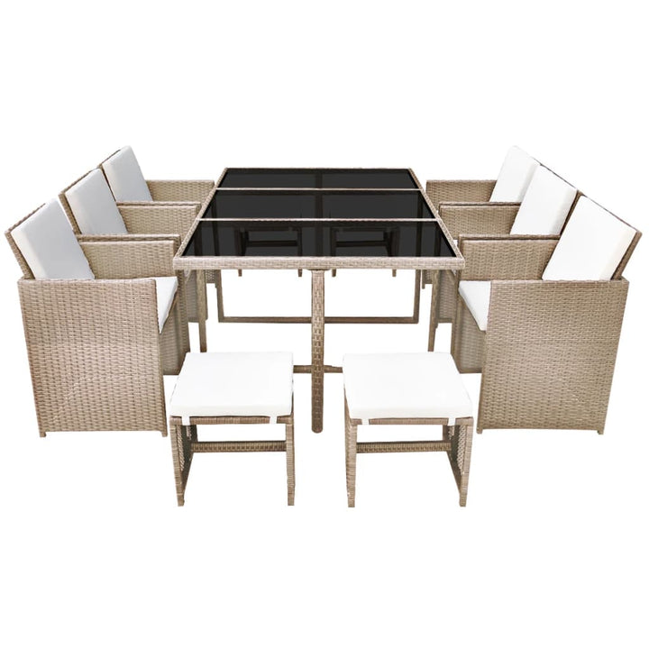 udendørs spisebordssæt 11 dele med hynder polyrattan beige