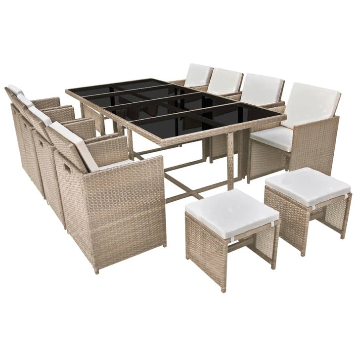 udendørs spisebordssæt 13 dele med hynder polyrattan beige
