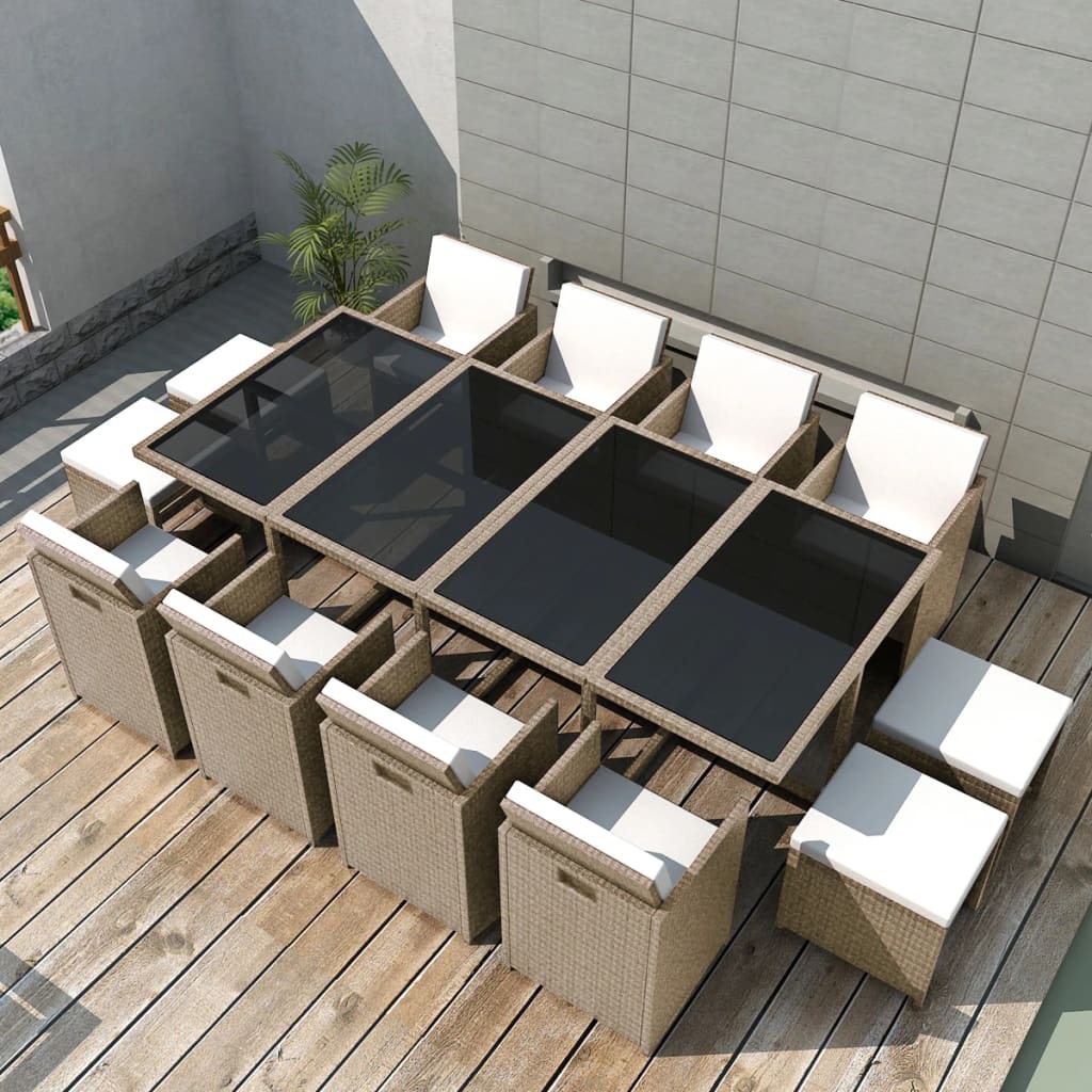 udendørs spisebordssæt 13 dele med hynder polyrattan beige