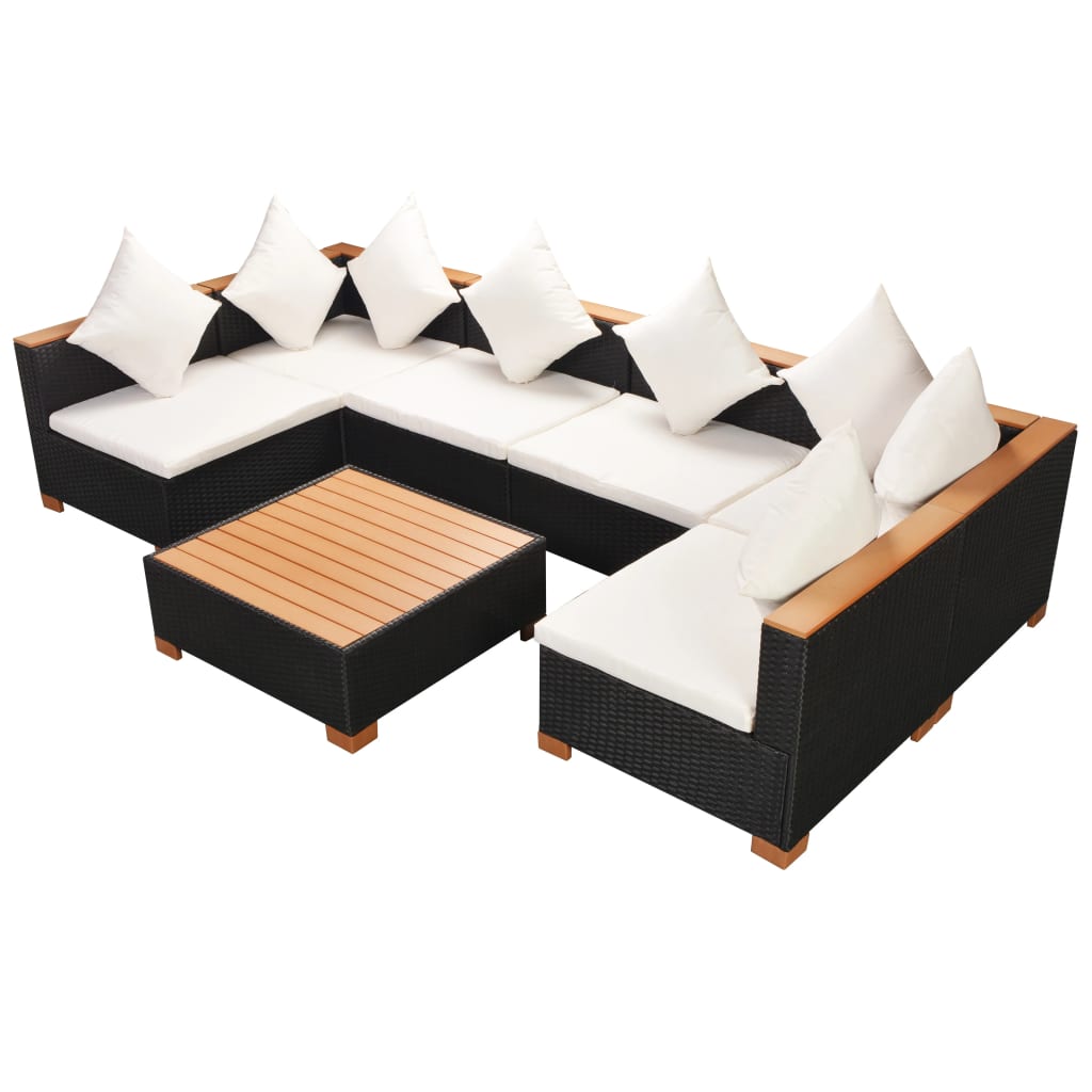 haveloungesæt 7 dele med hynder polyrattan sort