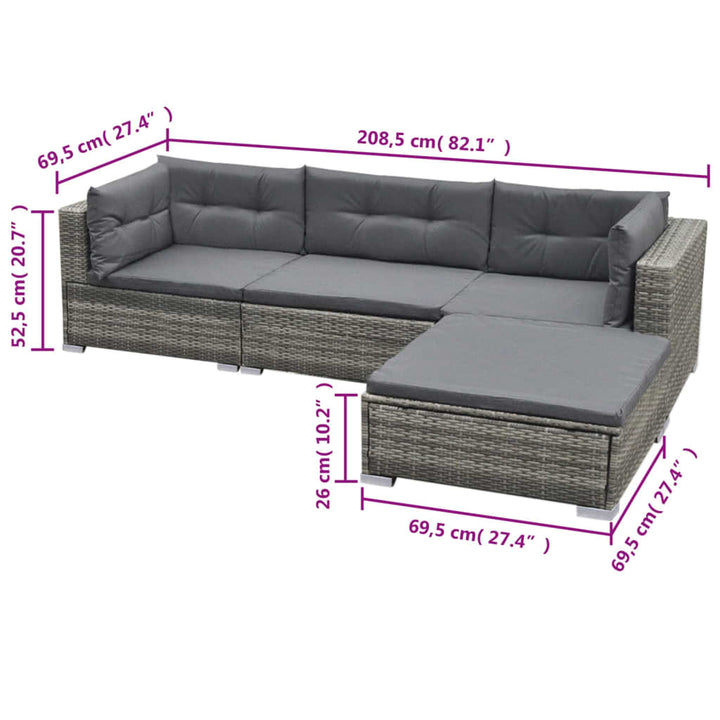 loungesæt til haven 5 dele med hynder polyrattan grå