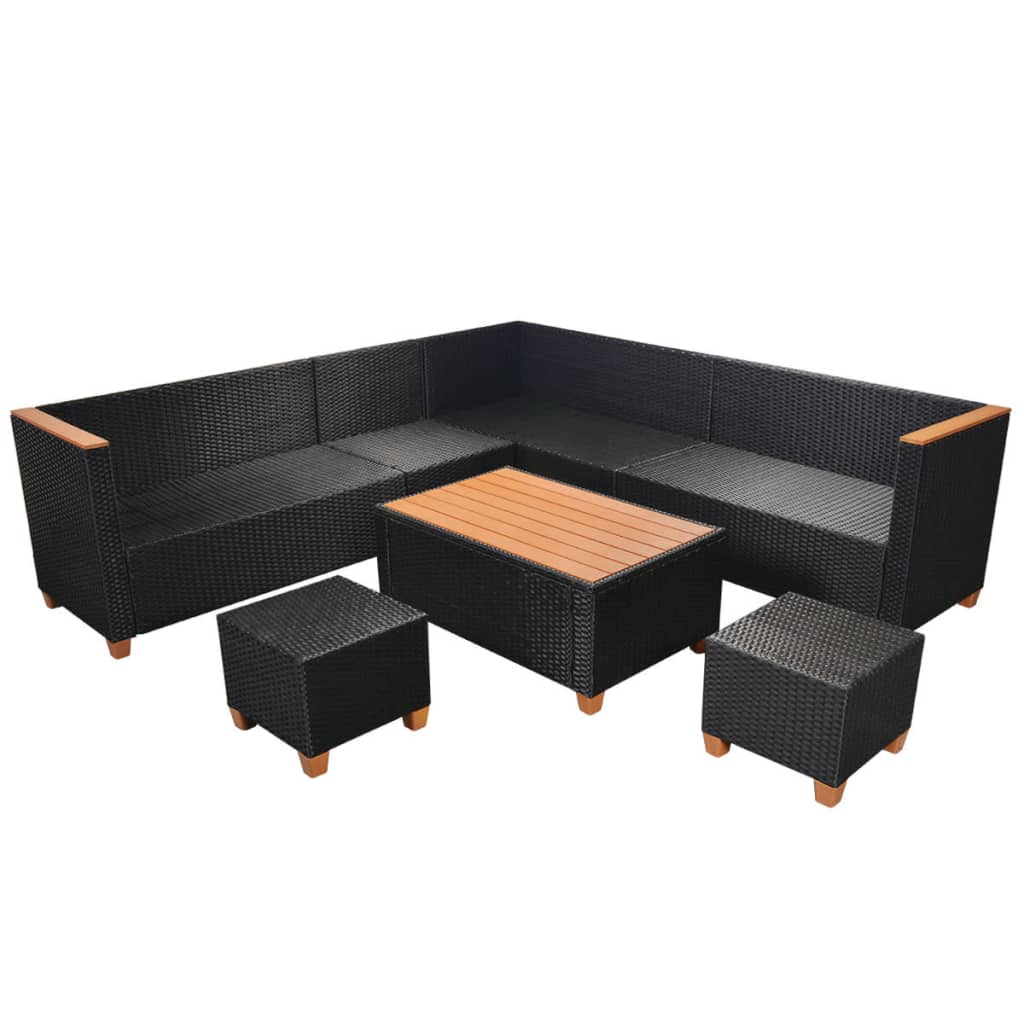 haveloungesæt 7 dele med hynder polyrattan sort