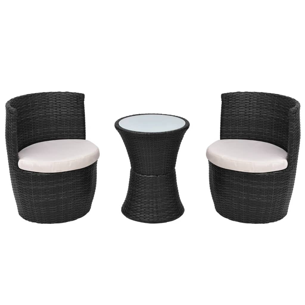 bistrosæt 3 dele med hynder polyrattan sort