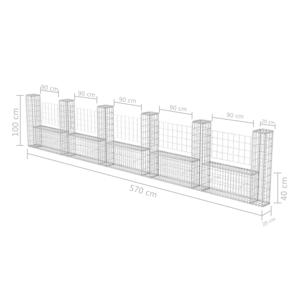 gabionkurv U-facon 570 x 20 x 100 cm galvaniseret stål