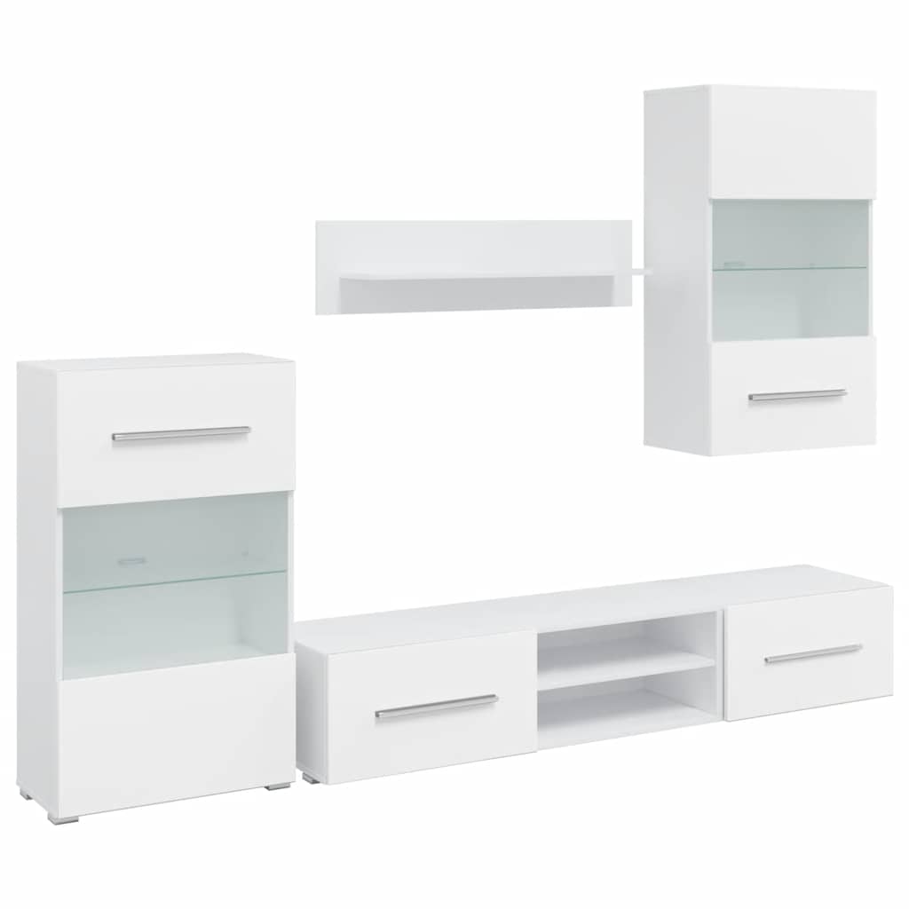 skabssæt med tv-skab og LED-lys 5 dele hvid