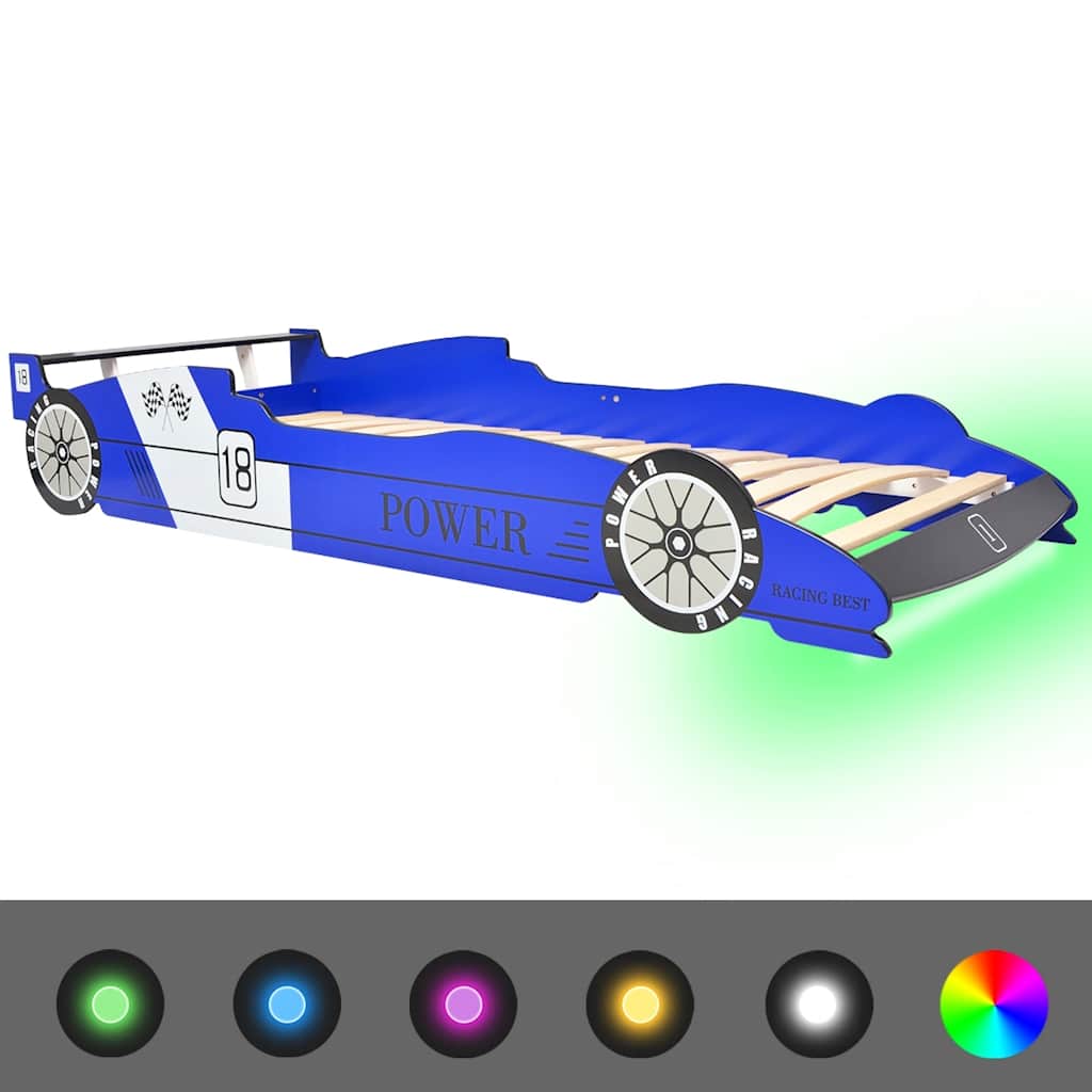 LED racerbilseng til børn 90 x 200 cm blå