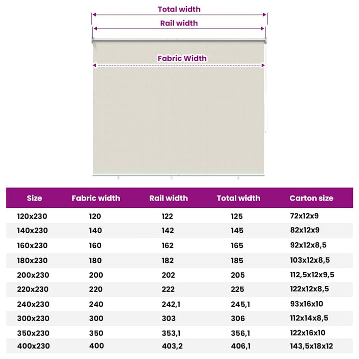 udendørs rullegardin 125 (B) x 230 (H) cm cremefarvet