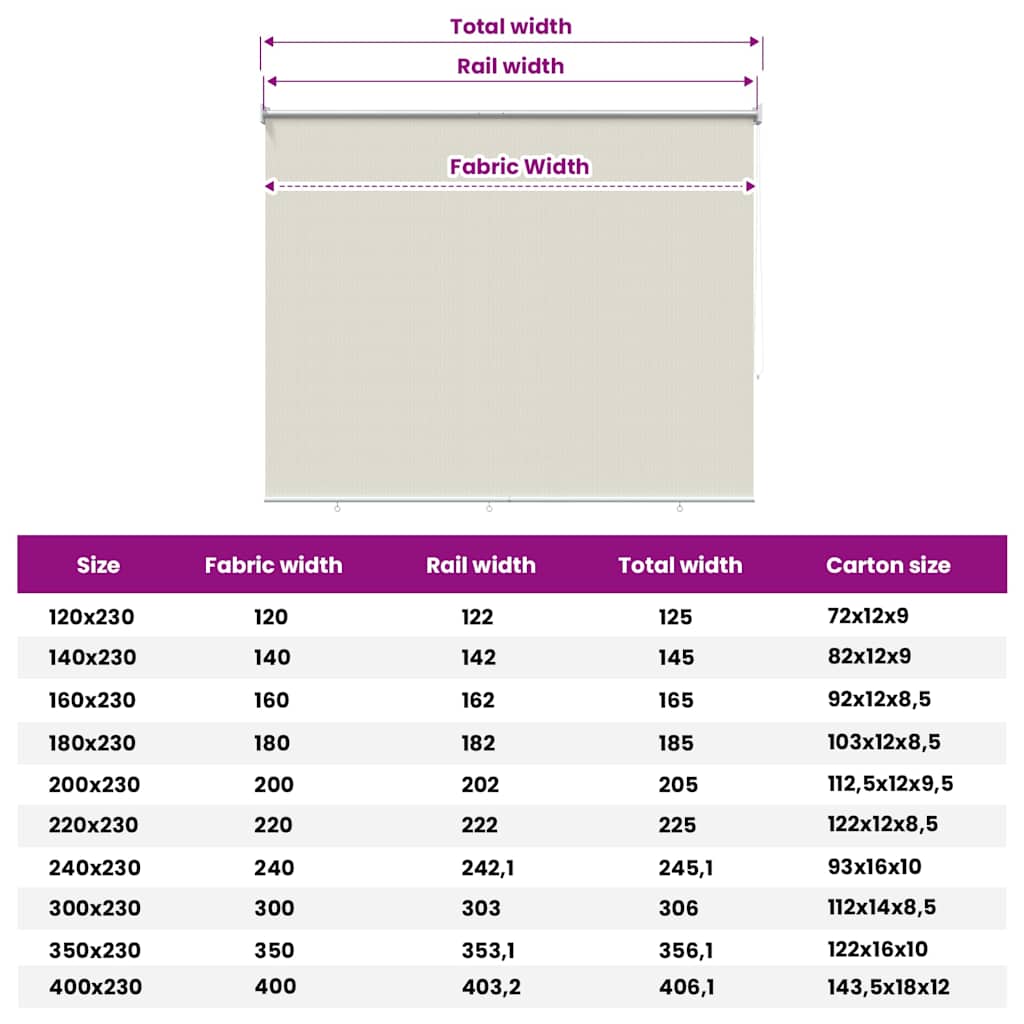 udendørs rullegardin 145 (B) x 230 (H) cm cremefarvet