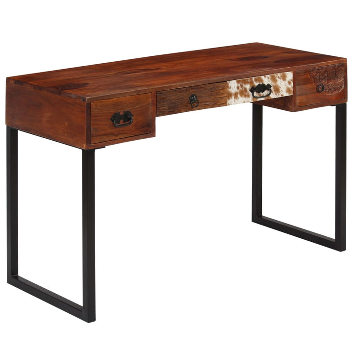 skrivebord massivt akacietræ og ægte læder 117 x 50 x 76 cm