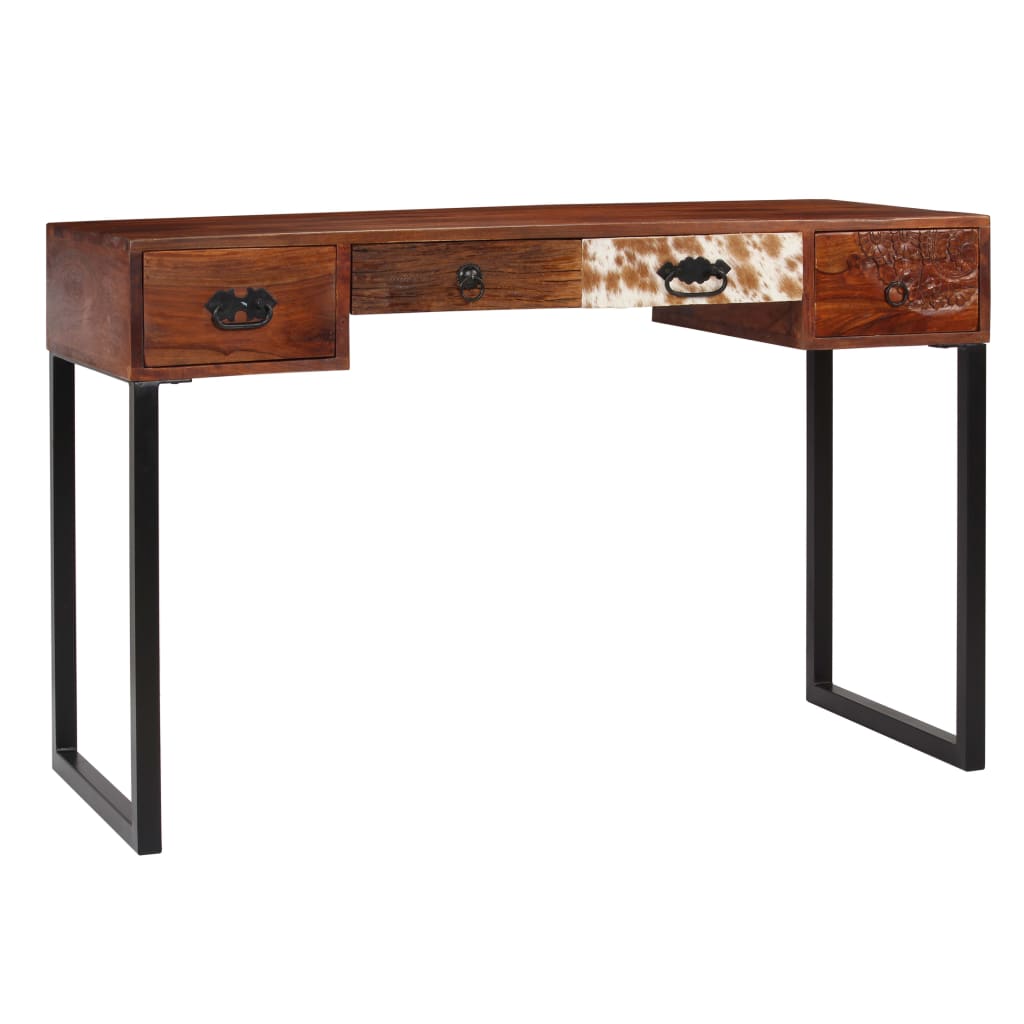 skrivebord massivt akacietræ og ægte læder 117 x 50 x 76 cm