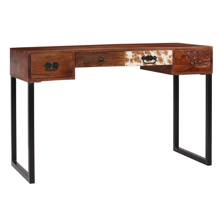 skrivebord massivt akacietræ og ægte læder 117 x 50 x 76 cm