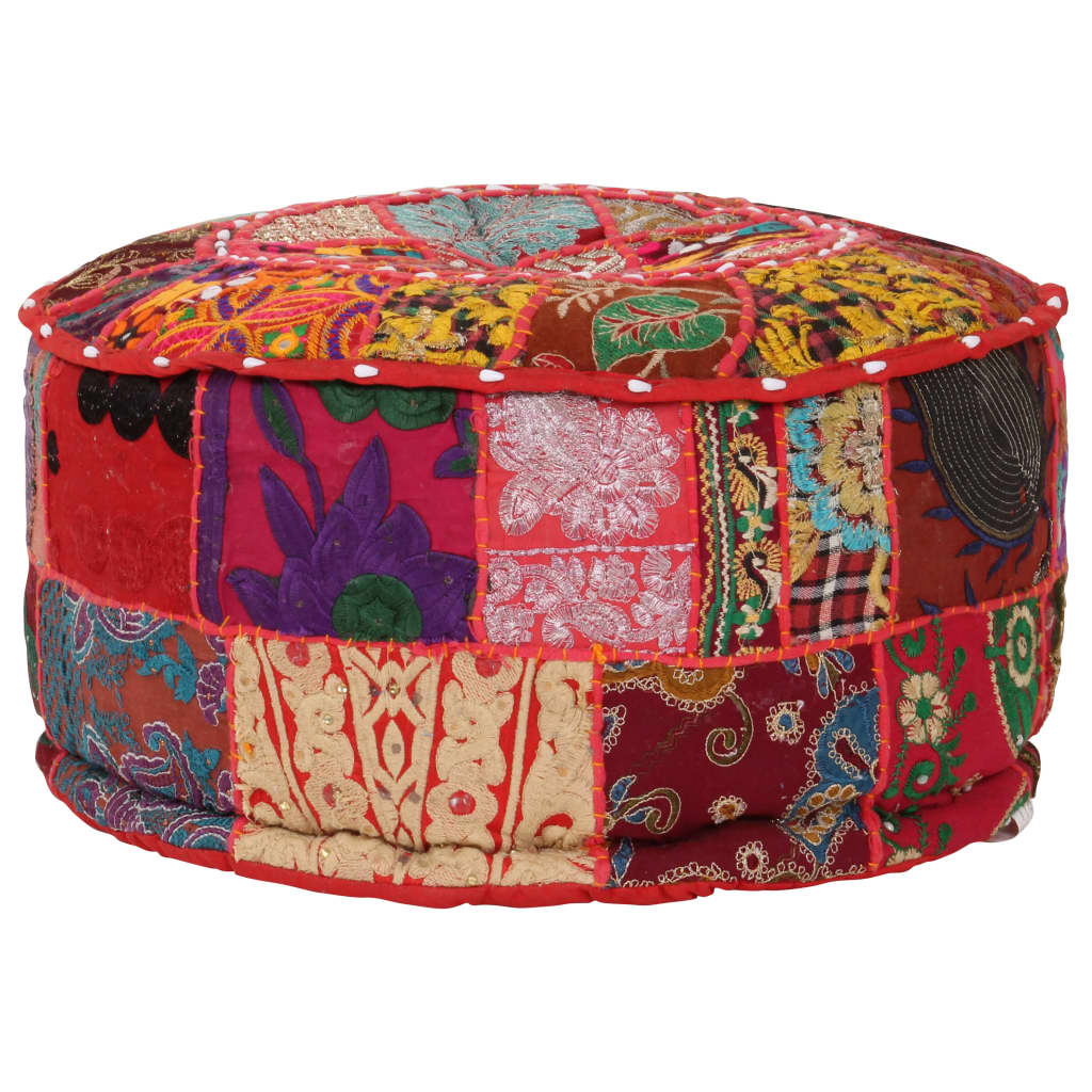 puffe med patchwork rund bomuld håndlavet 40 x 20 cm rød