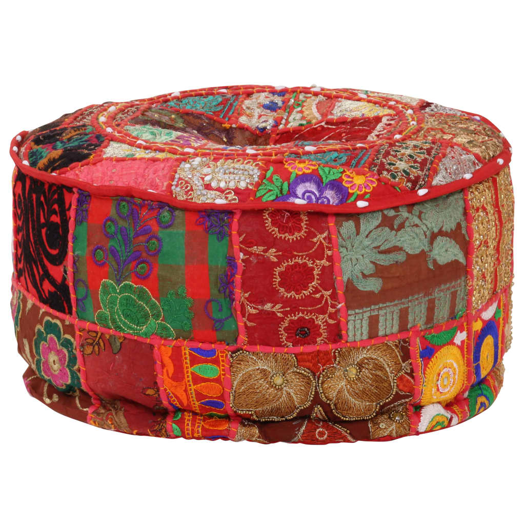 puffe med patchwork rund bomuld håndlavet 40 x 20 cm rød