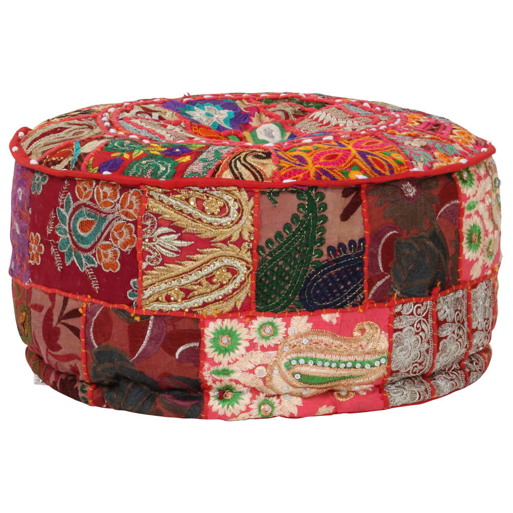 puffe med patchwork rund bomuld håndlavet 40 x 20 cm rød