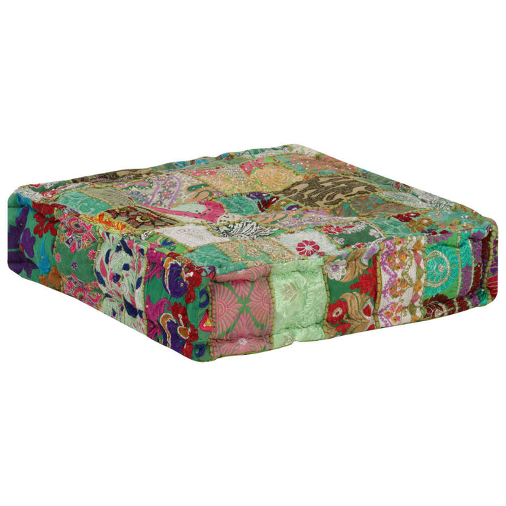 puffe med patchwork firkantet bomuld håndlavet 50 x 50 x 12 cm grøn