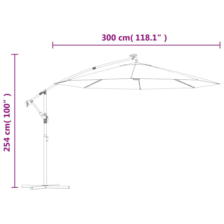 hængeparasol med LED-lys og stålstang 300 cm gråbrun