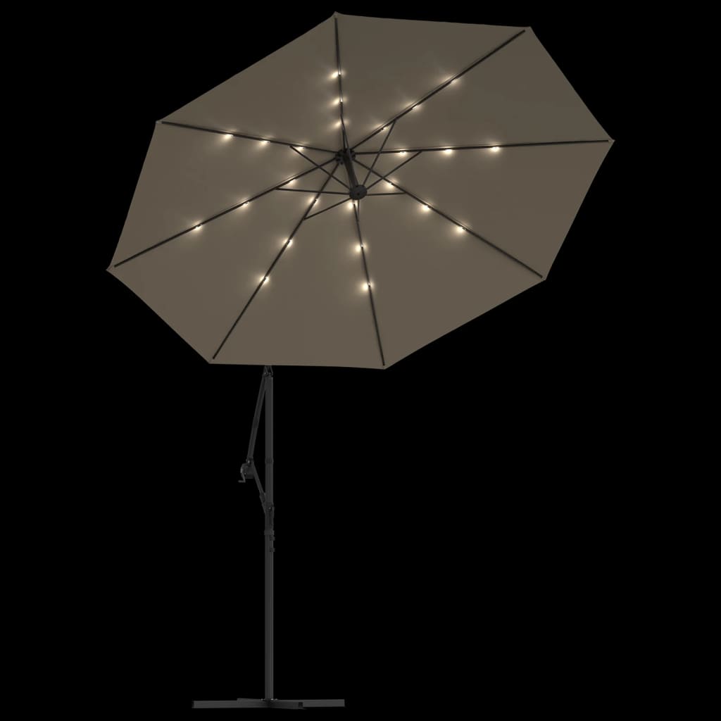 hængeparasol med LED-lys og stålstang 300 cm gråbrun