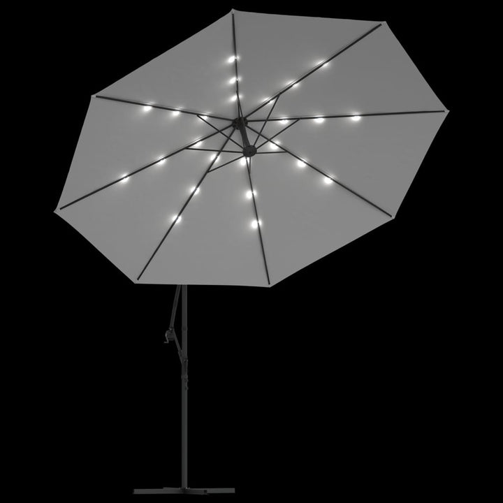 hængeparasol med LED-lys og metalstang 350 cm sandfarvet
