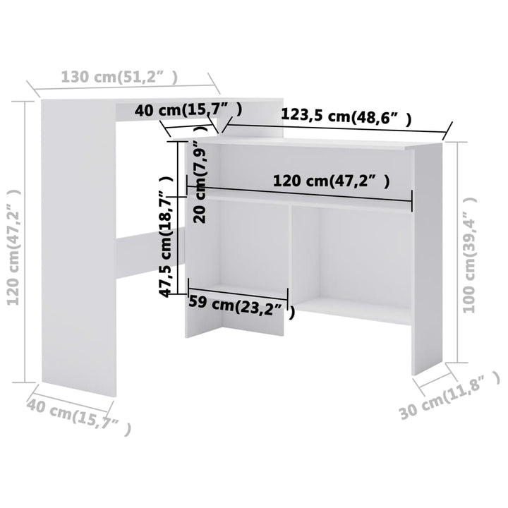 barbord med 2 bordplader 130x40x120 cm hvid