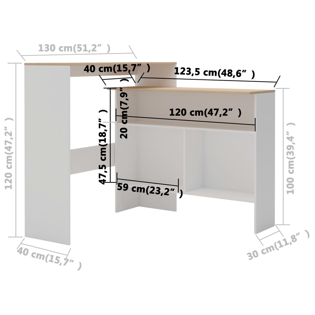 barbord med 2 bordplader 130x40x120 cm hvid og eg