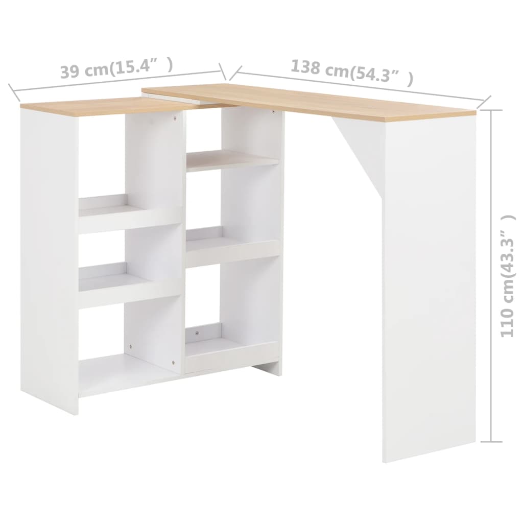 barbord med flytbar hylde 138x39x110 cm hvid