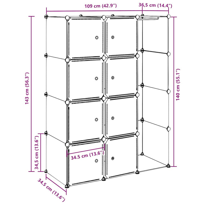 modulskab 9 rum 109x36,5x143 cm sort og hvid