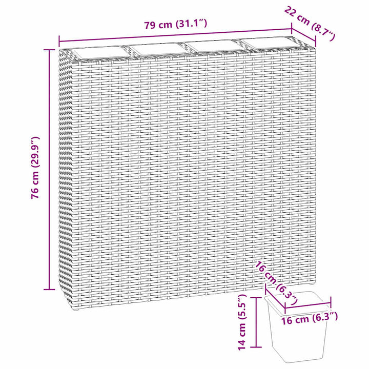 plantekasse med 4 krukker polyrattan brun