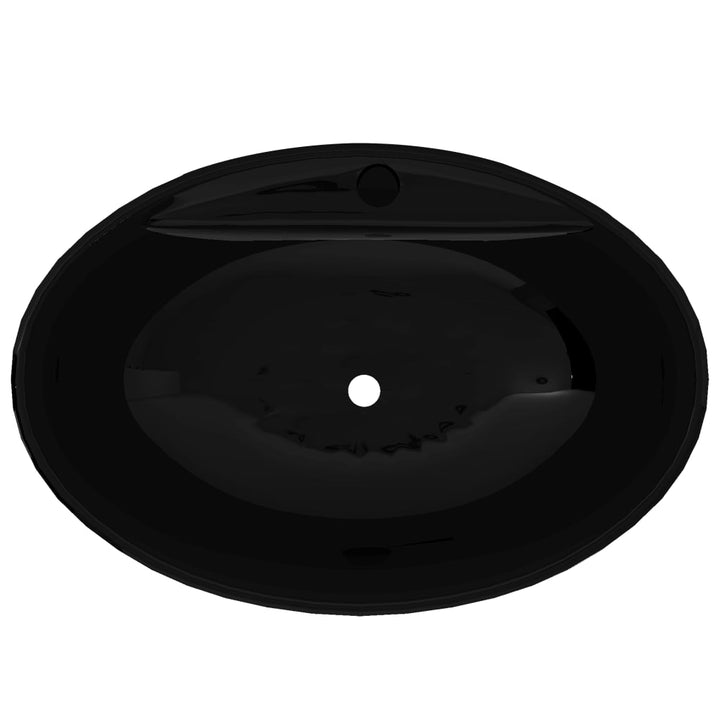 Keramisk badeværelsesvask basin vandhane/overfyldningshul sort oval