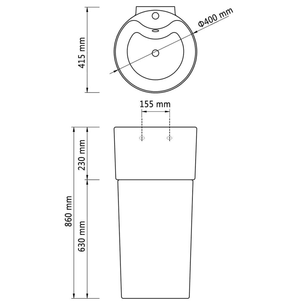 Keramisk vask overløb vandhanehul rund hvid