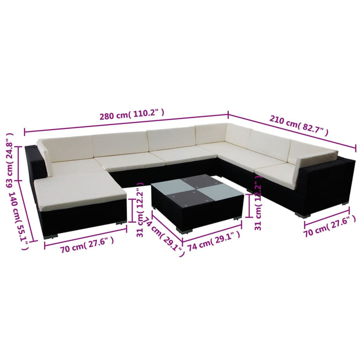 haveloungesæt 8 dele med hynder polyrattan sort