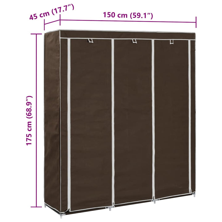 klædeskab med rum og tøjstang 150 x 45 x 175 cm stof brun