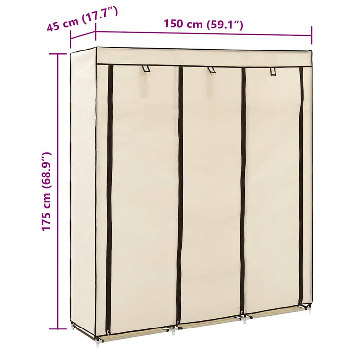 klædeskab med rum og tøjstænger 150 x 45 x 175 cm stof creme