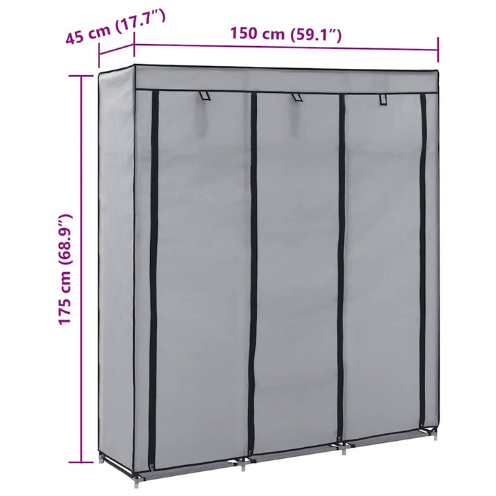 klædeskab med rum og tøjstænger 150 x 45 x 175 cm stof grå