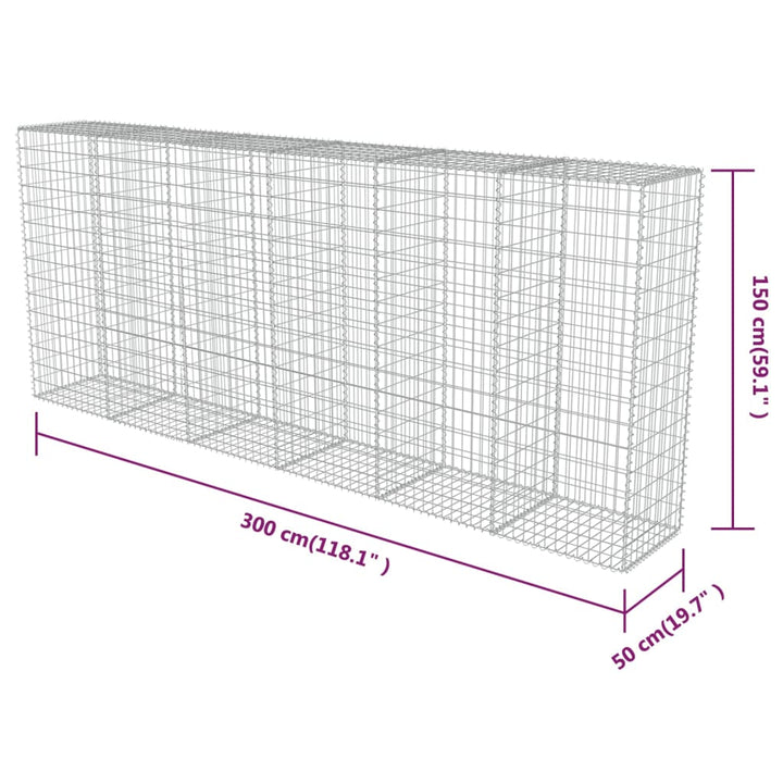 gabionvæg med dæksler galvaniseret stål 300 x 50 x 150 cm