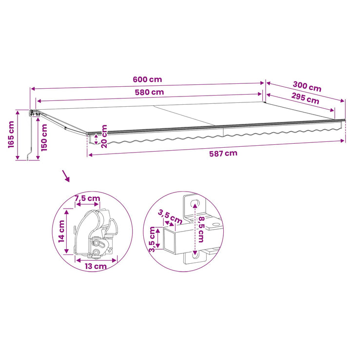 foldemarkise manuel betjening 600 cm blå/hvid