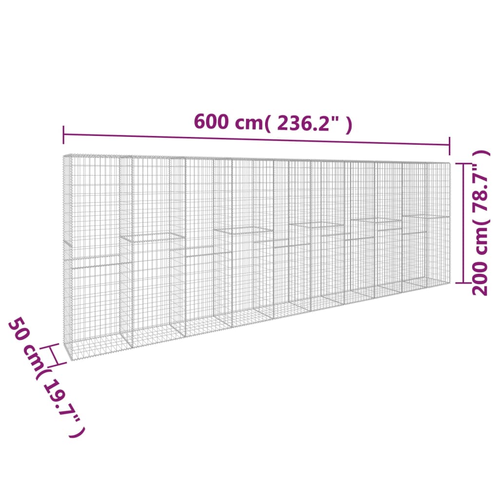 gabionvæg med dæksler galvaniseret stål 600 x 50 x 200 cm