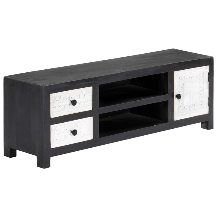 tv-bord 120x30x40 cm håndskåret massivt mangotræ grå og hvid