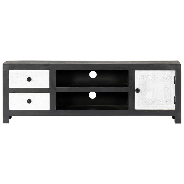 tv-bord 120x30x40 cm håndskåret massivt mangotræ grå og hvid