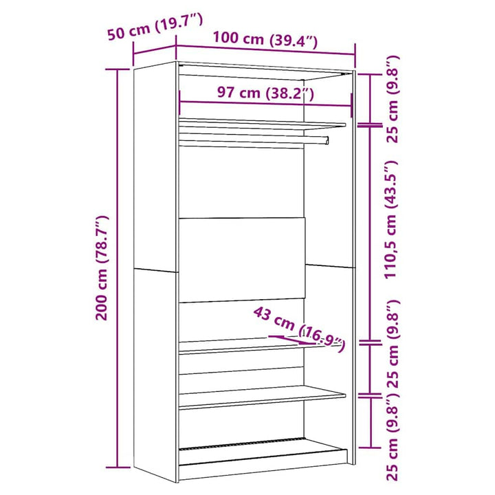 klædeskab 100x50x200 cm konstrueret træ betongrå