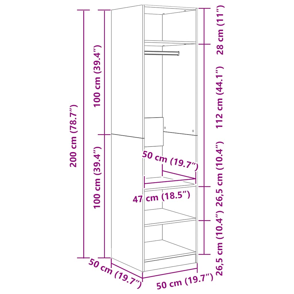 klædeskab 50x50x200 cm konstrueret træ betongrå