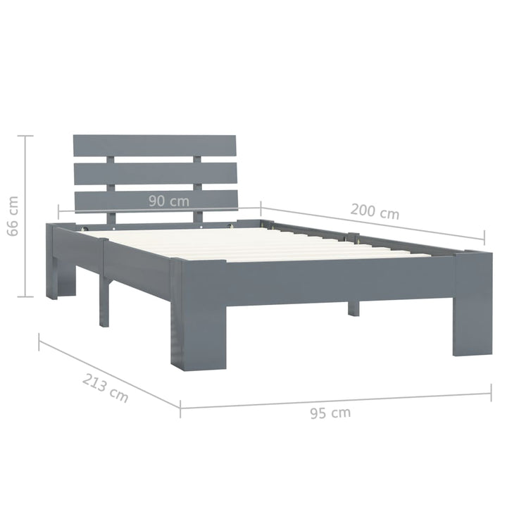 sengestel massivt fyrretræ 90 x 200 cm grå