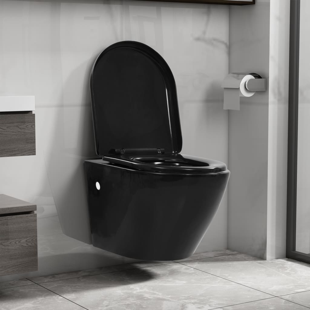 væghængt toilet uden kant keramik sort