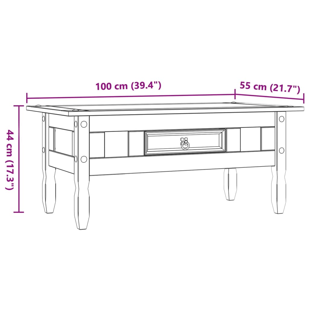 sofabord 100 x 55 x 44 cm fyrretræ Corona-serien grå